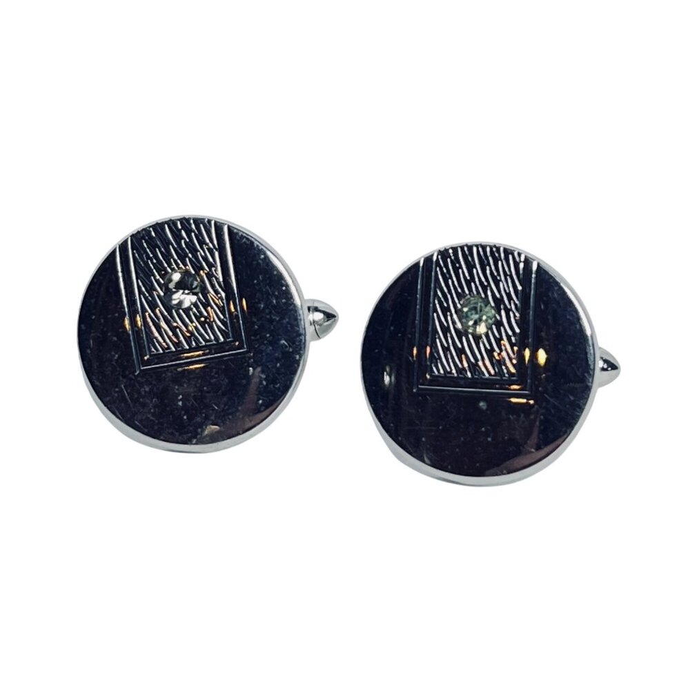 Vintage Swank Round Etched Silver Tone And Rhinestone Cufflinks (994)